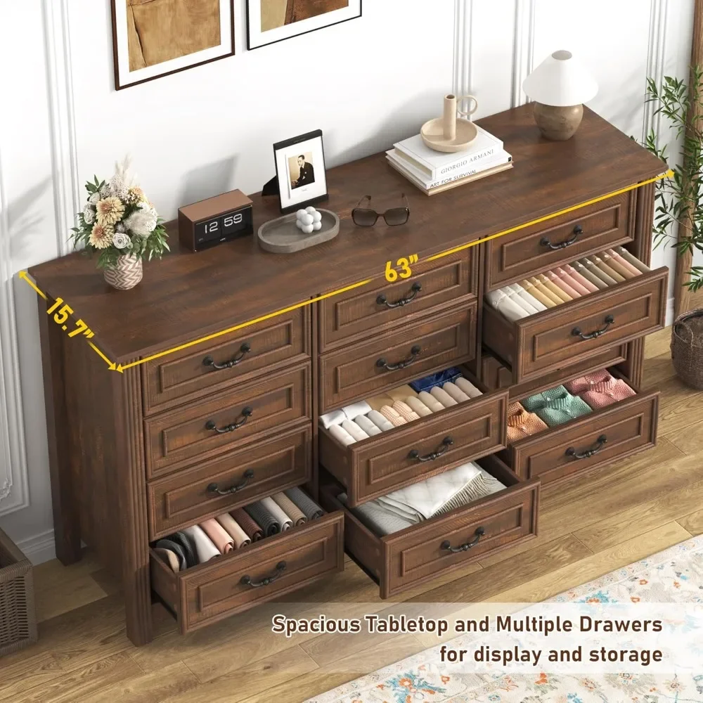 

Farmhouse Style Bedroom 12 Drawer Dresser, 63 Inch Wood Chest of Drawers with Rustic Handles, Wide Closet Dresser Organizer