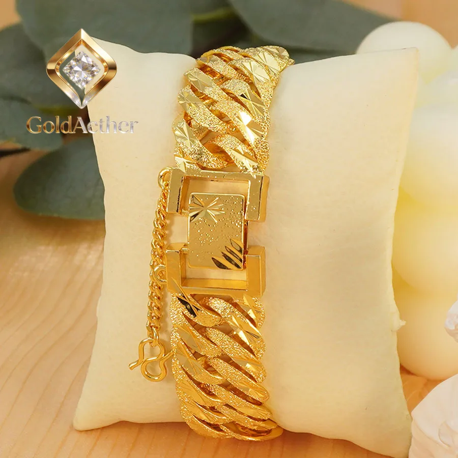 

GoldAether Men's Boutique 9999 24K Real Gold Horse Whip Bracelet Twist 24k Gold 15mm Watch Chain