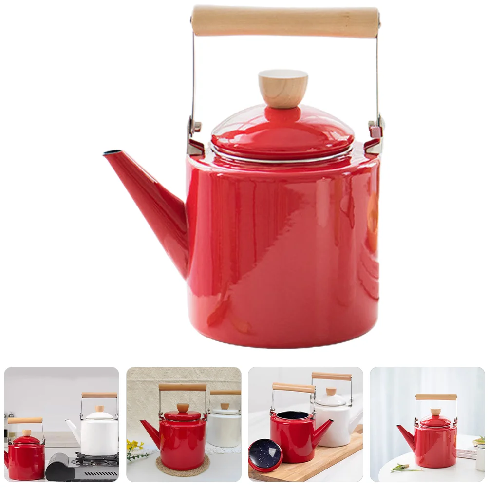 

2.4L Red Wood Handle Enamel Kettle Retro Enameled Tea for Stove Top Coffee Thermal Conductivity No Harmful for Stove