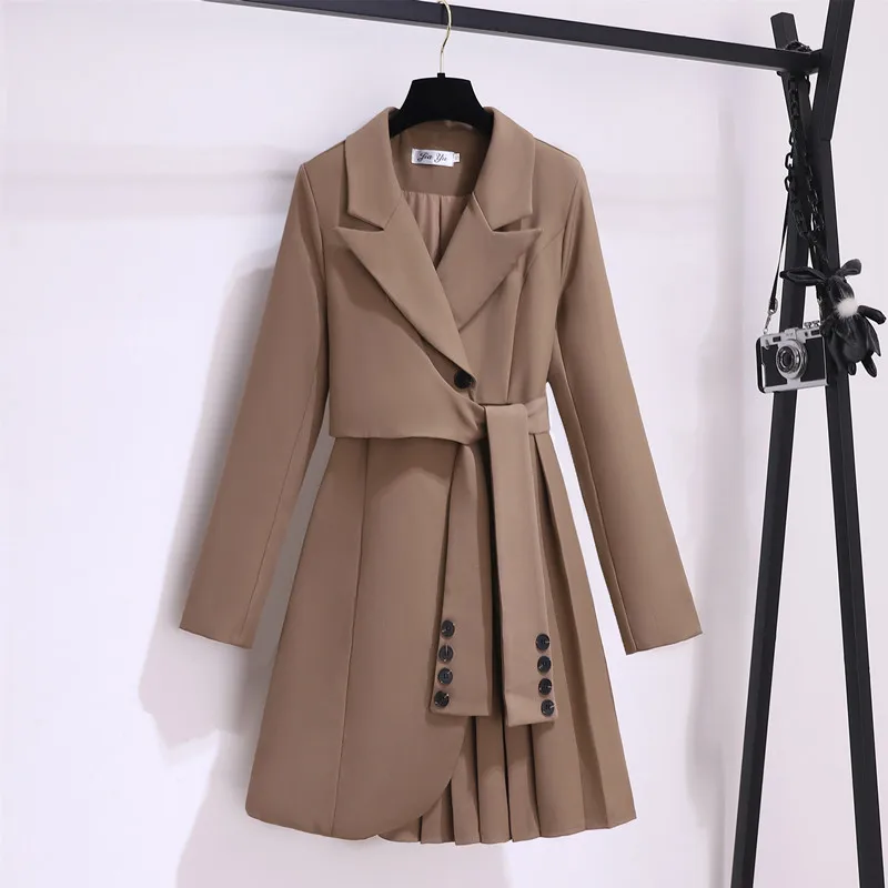 

S-4XLAutumn Winter Fashion Notched Collar Dress Chic New Women Trench Coat Lace Up Waist Long Sleeve Office Pleated Blazer Dress