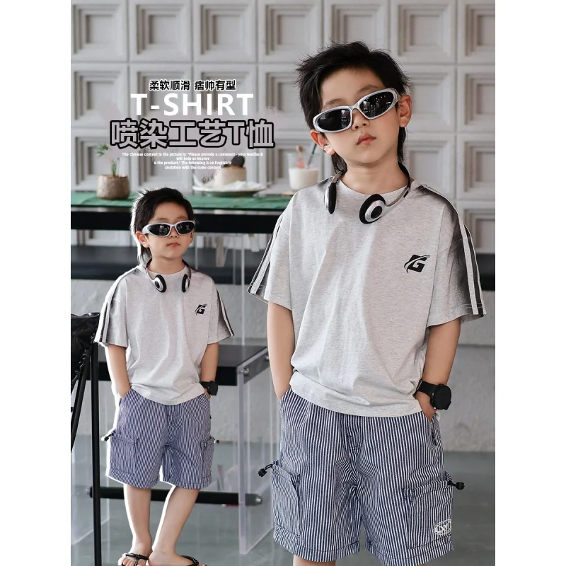 

Children's Short SleeveTSummer Boys' Spray-Dyed Shirt2024Japanese Style New Medium and Large Children's Summer Half Sleeve T-shi