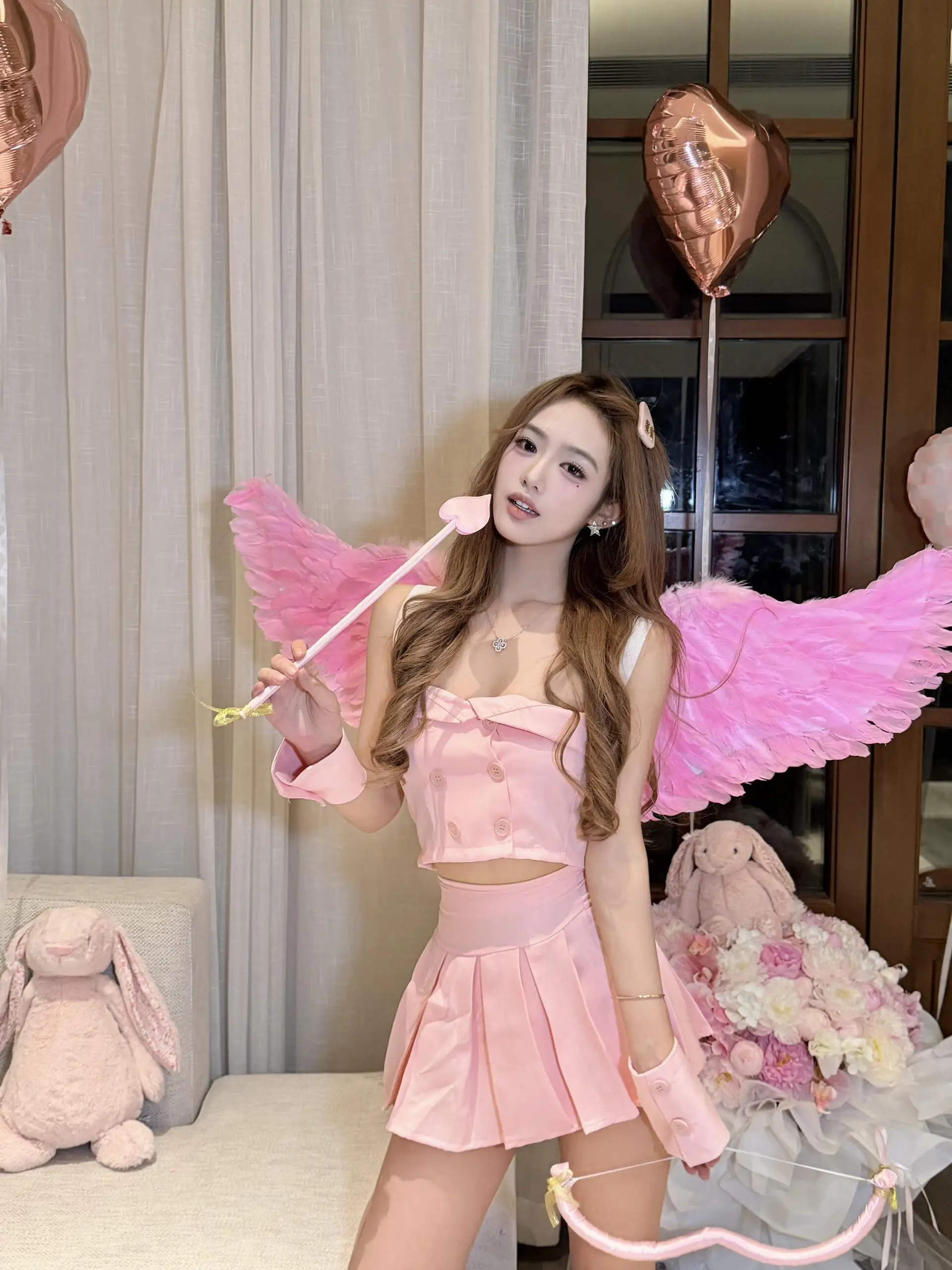 مجموعة أرنب كوسبلاي من loween Cisas تنورة مطوية بحمالات وردية على شكل أرنب زي كعكة أرنب ملابس نسائية تقليدية