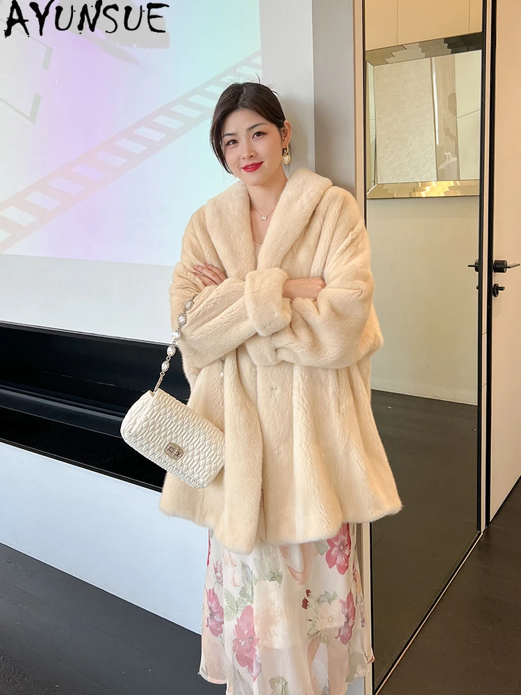 

AYUNSUE Натуральная бархатная норковая шуба женская с шалевым воротником средней длины из натурального меха женская одежда из цельной норки зимняя шуба Женская