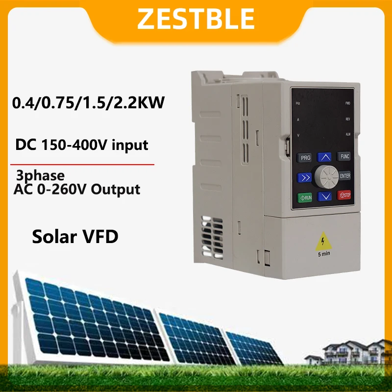 Solar VFD DC150-400V to 3PH 380V 0.4/0.75/1.5/2.2KW Variable Frequency Drive Converter for Motor Speed Control Inverter