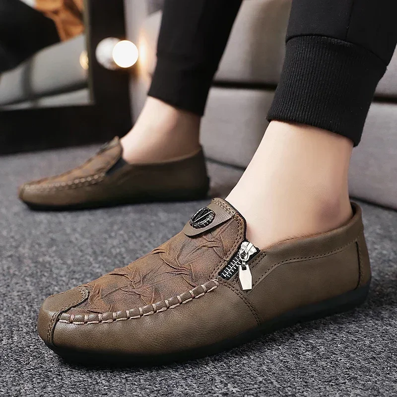 Fashion Leather Men Casual Shoes Outdoor Breathable Walking Shoes Lightweight Mens Loafers Lazy Shoes Driving Shoes Sneakers