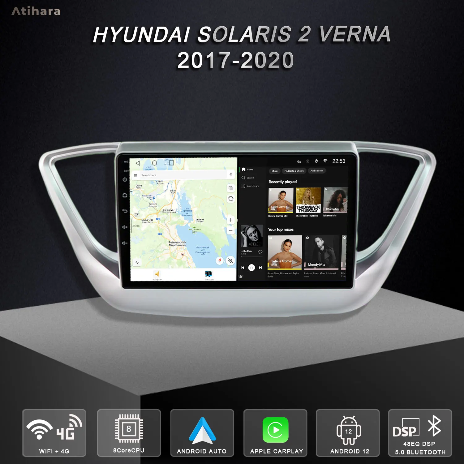 

Atihara 9" Car Radio For Hyundai Solaris 2 Verna 2017-2020 Carplay Android Auto, 2Din Multimedia Player 4G Wifi Bluetooth DSP