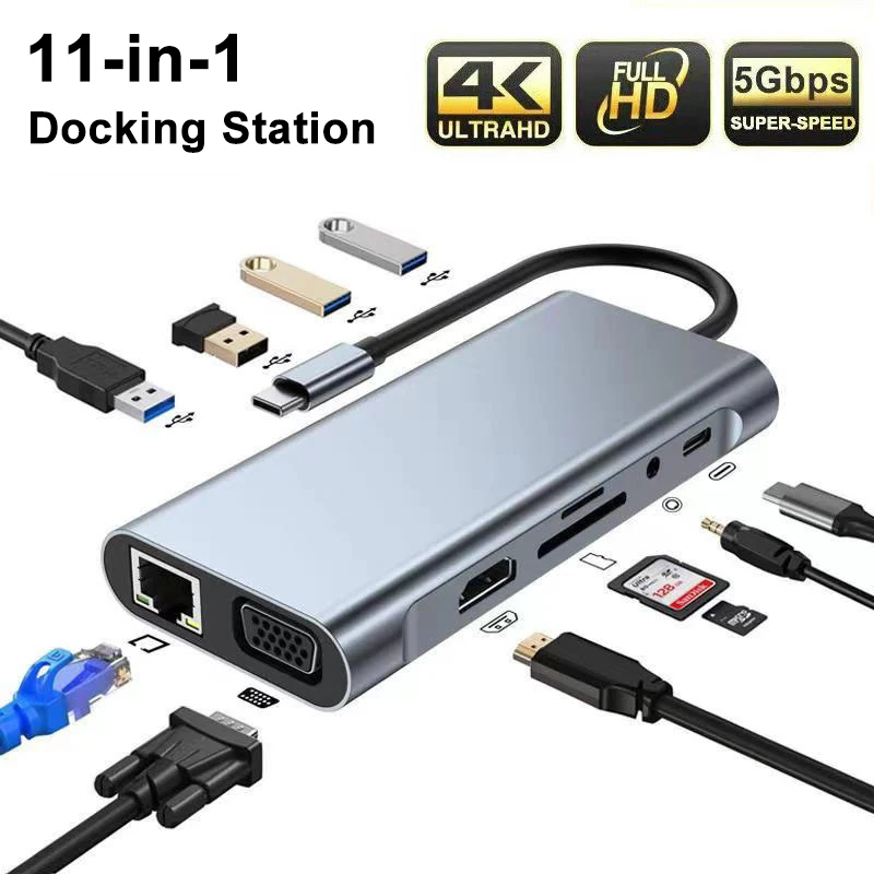 11-in-1 USBC Hub USB3.0 Multiport Power Adapter with 4K HDMI-compatible RJ45 SD/TF Card Reader PD Fast Charge for MacBook Laptop