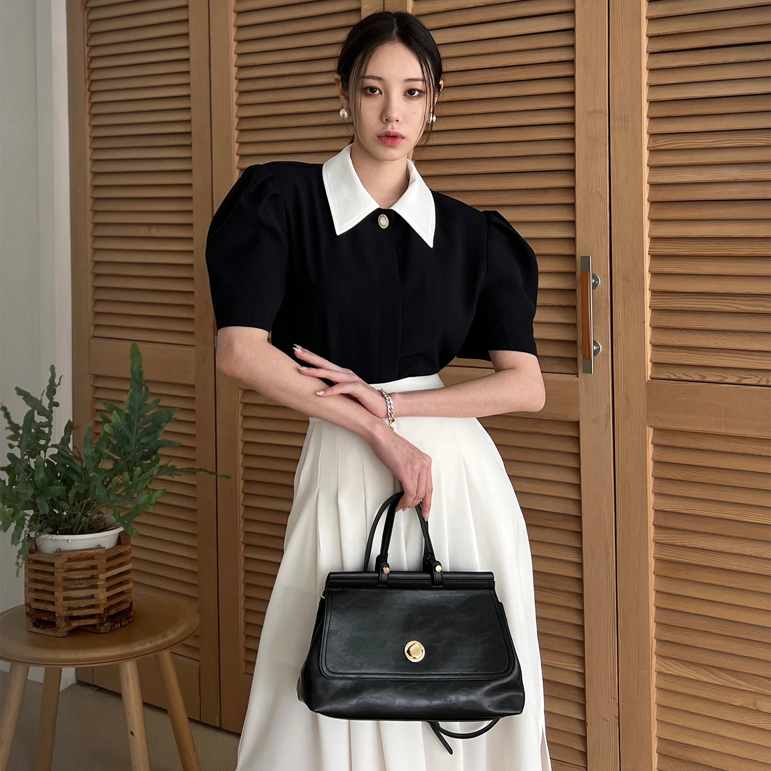 

Retro Summer Chic Bubble Sve Pleated High Waist Slim Fit A-Line Skirt with Collar irt Color Blo Women's Faion