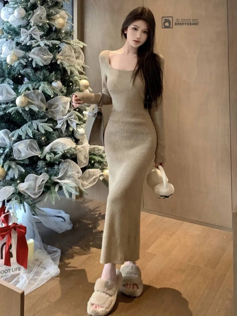 

Сексуальное вязаное длинное платье с квадратным вырезом для женщин, осенне-зимнее, модное, облегающее, с длинным рукавом, нижнее белье