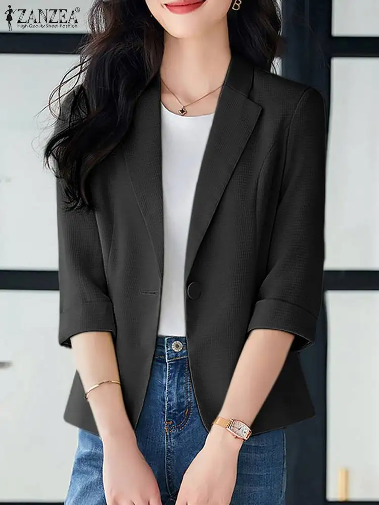 2024 ZANZEA Elegant Women OL Work Blazer Autumn Lapel Neck 3/4 Sleeve Solid Thin Coats Casual Officewear Fashion Suits Jackets