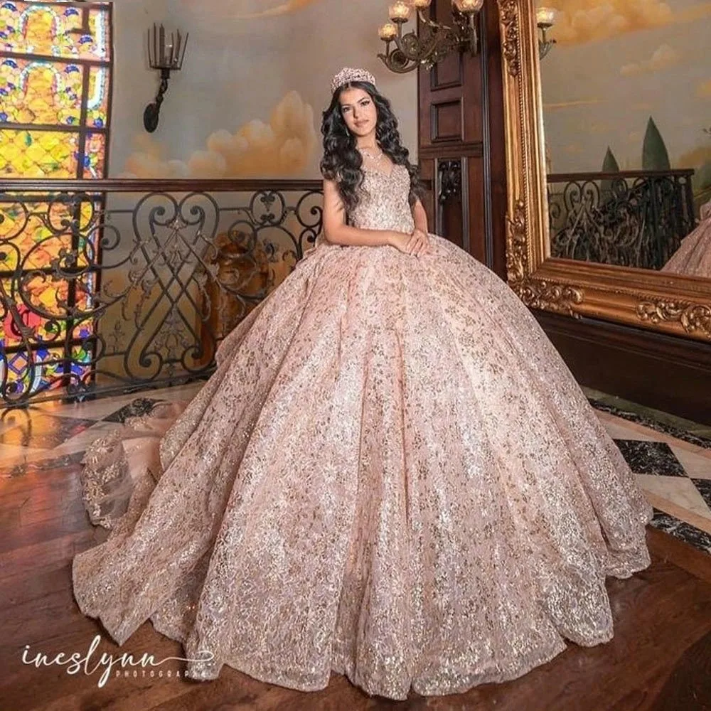 Rose Gold Charro Quinceanera Dresses Ball Gown Sweetheart Sequins Lace Sparkle Puffy Mexican Sweet 16 Dresses 15 Anos Customized