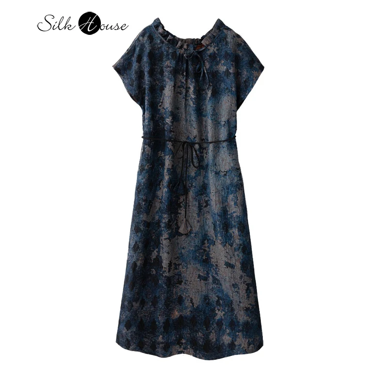 

2025 Fashion Women's Clothing 100% Natural Mulberry Silk Fragrant Cloud Yarn Jacquard Lace Waist Printed Short Sleeve Dress