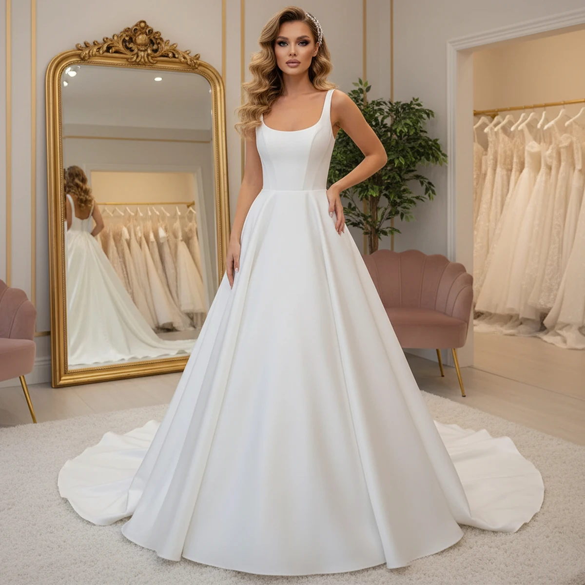 

Elegant Square Collar Satin Wedding Dress Ball Gown For Bride A Line Long Bridal Party Gown For Women Vestidos Novia