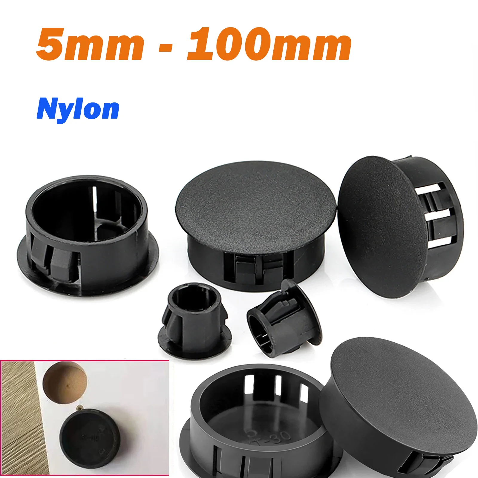 Black Hole Plugs 5mm - 100mm Nylon Round End Caps Hole Snap-on Plugs Plastic Cover Blanking Masking Finishing Inserts