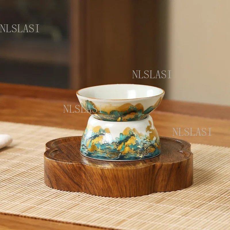 Chinese Vintage Enamel Ceramic Tea Strainer with High-footed Bas Landscape Pattern Kung Fu Tea Filter Tea Ceremony Accessories