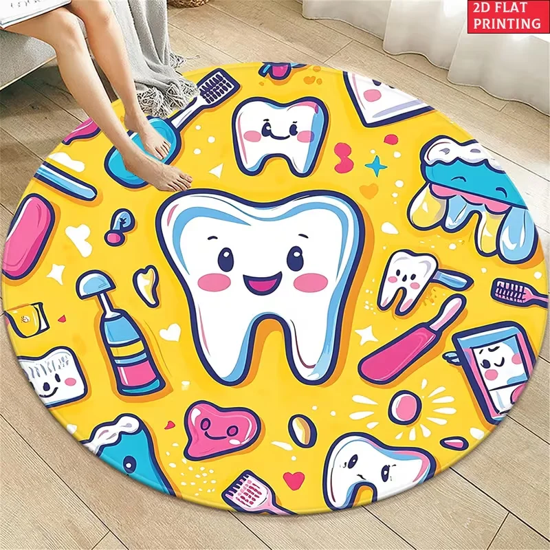 Cute Cartoon Teeth Toothbrush Round Rug Bright Yellow Dental Theme Non Slip Soft Carpet Bedroom Floor Decoration