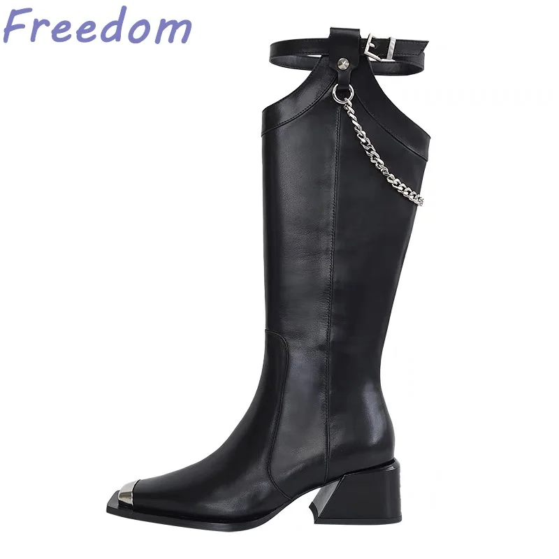 

Autumn and winter new fashion leg metal toe versatile high-heeled British handsome knight boots chunky chain boots female