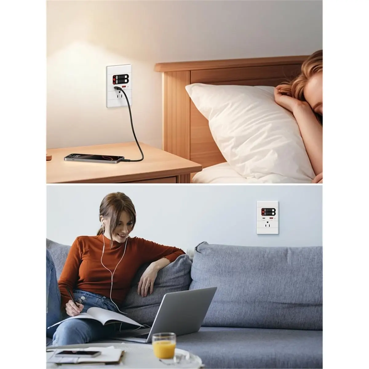 [N88R] USB-C розетка для стены с GaN PD20W, USB-C и USB-A портами, выдвижными кабелями USB-C/C, защитой от несанкционированного