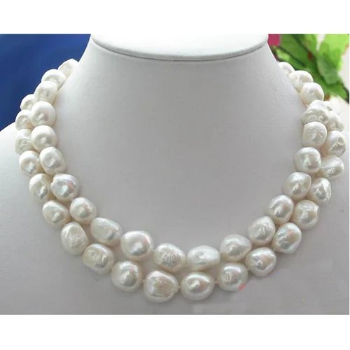 

Favorite Pearl Jewelry,2Row 14mm White Baroque Freshwater Pearl Necklace,Classic Wedding Birthday Party Nice Women Gift