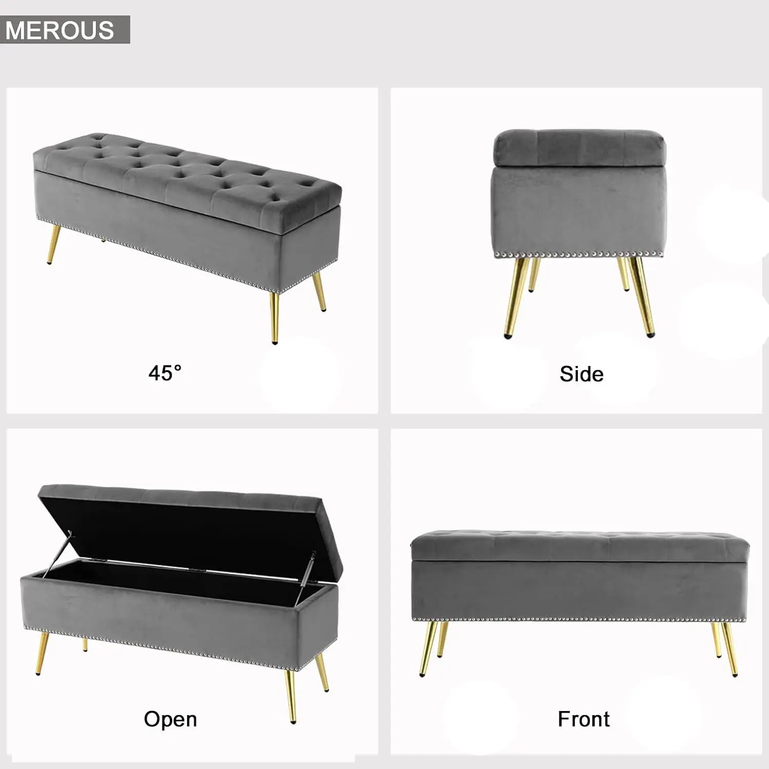 Storage Ottoman Bench, Velvet End of Bed Bench with Gold Legs & Nailhead Trim, Modern Bed End Bench with Storage