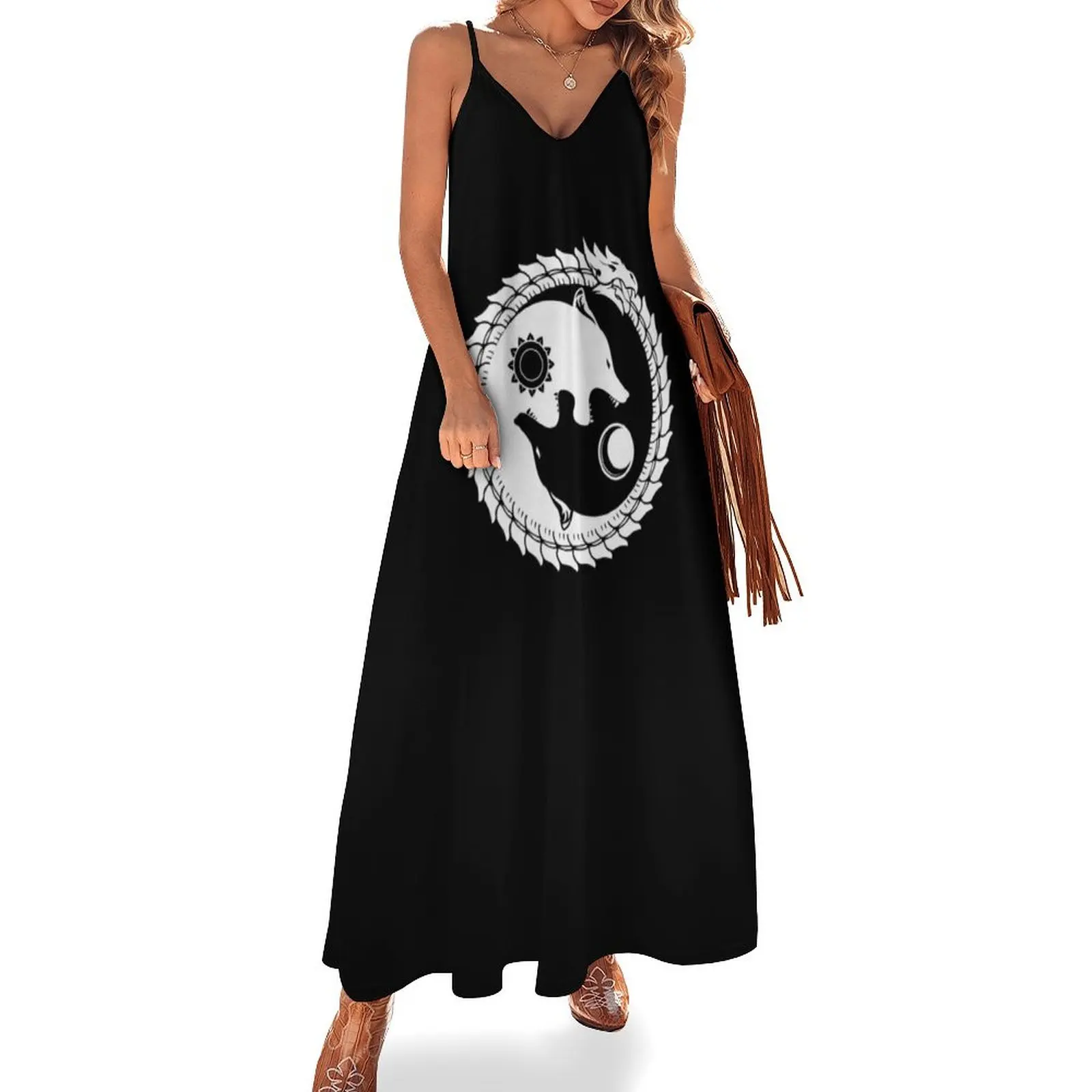 

Viking Dragon Two Wolves Hati and Skoll devour the Sun and the Moon Viking Sleeveless Dress Evening gown Dresses gala Dress