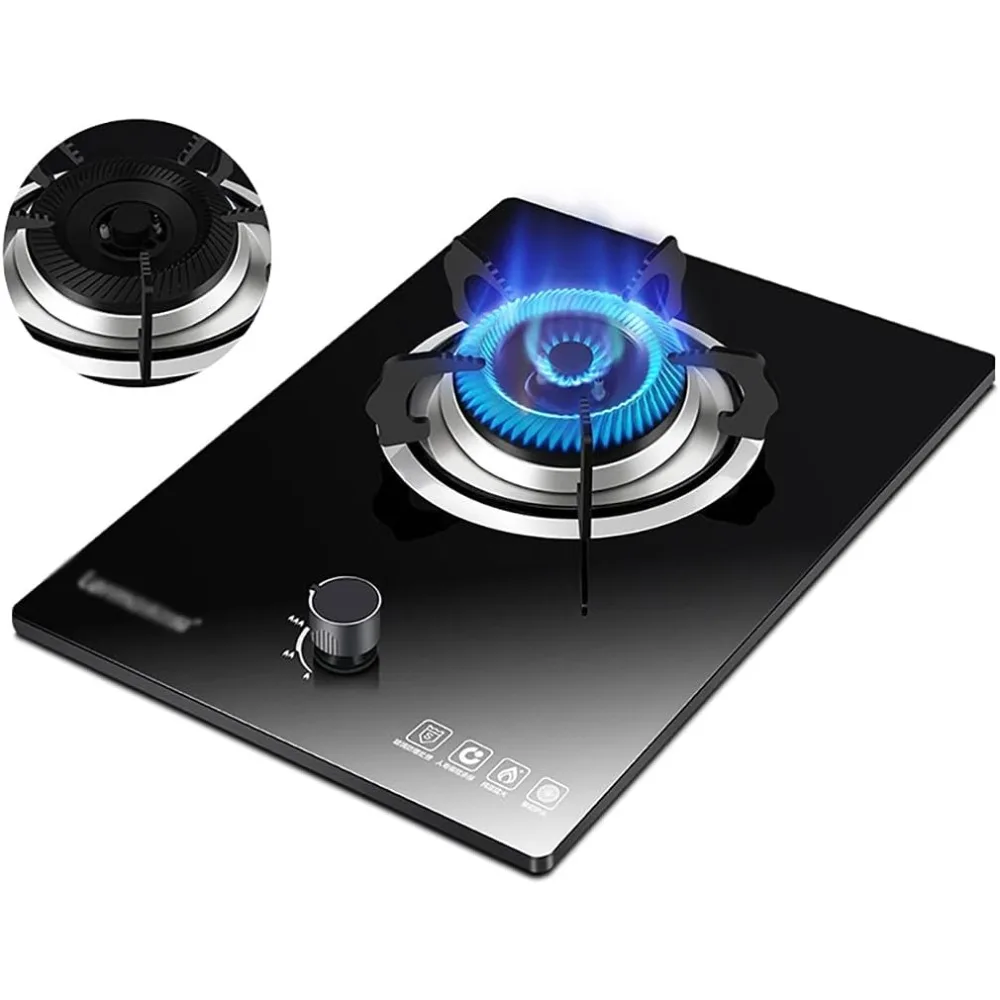 Quemadores Placa de gas Cocina casera portátil Placa de gas, Placa de gas integrada 1 quemador con FFD/FSD, vidrio negro (A, GLP)