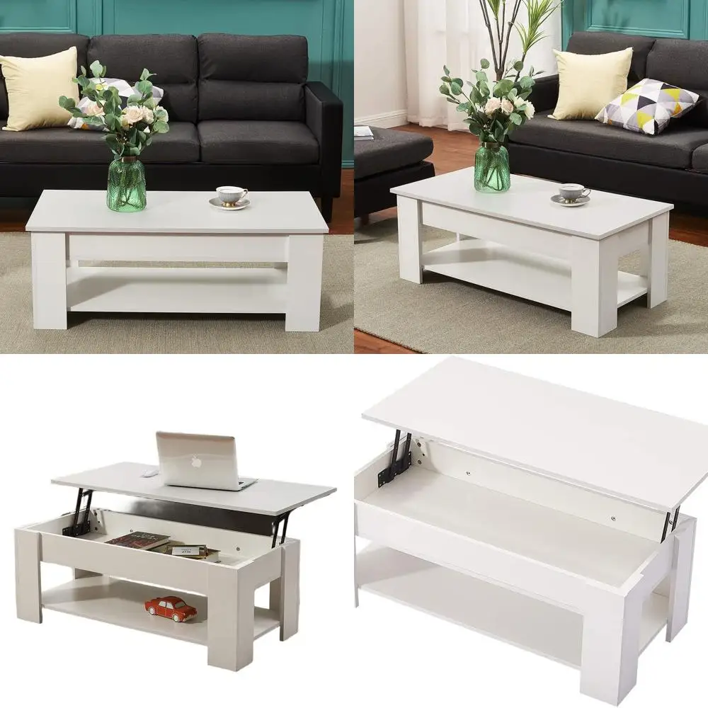 

Elegant White Lift-Top Coffee Table with Storage and Shelf for Living Room & Office, 39.4x19.7x18.5