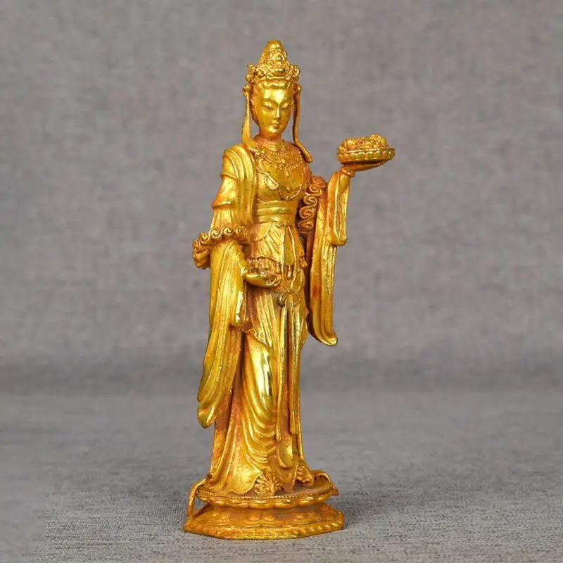 Vintage Gilt Heavenly Maiden Statue Chinese Apsara Figurine, Lotus Base Buddha Offering Goddess Sculpture, Altar Feng Shui Decor