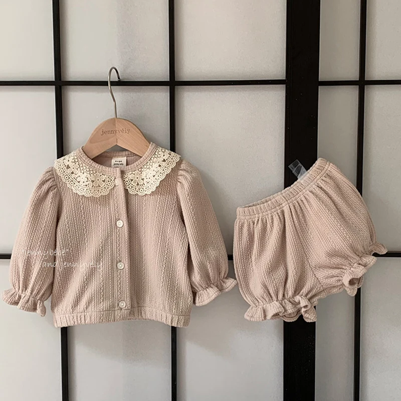 2024 New Autumn Korean Style Children Clothes Suit Long Sleeves Lace Splicing Cardigan+Shorts Newborn Baby Girls Clothing Set