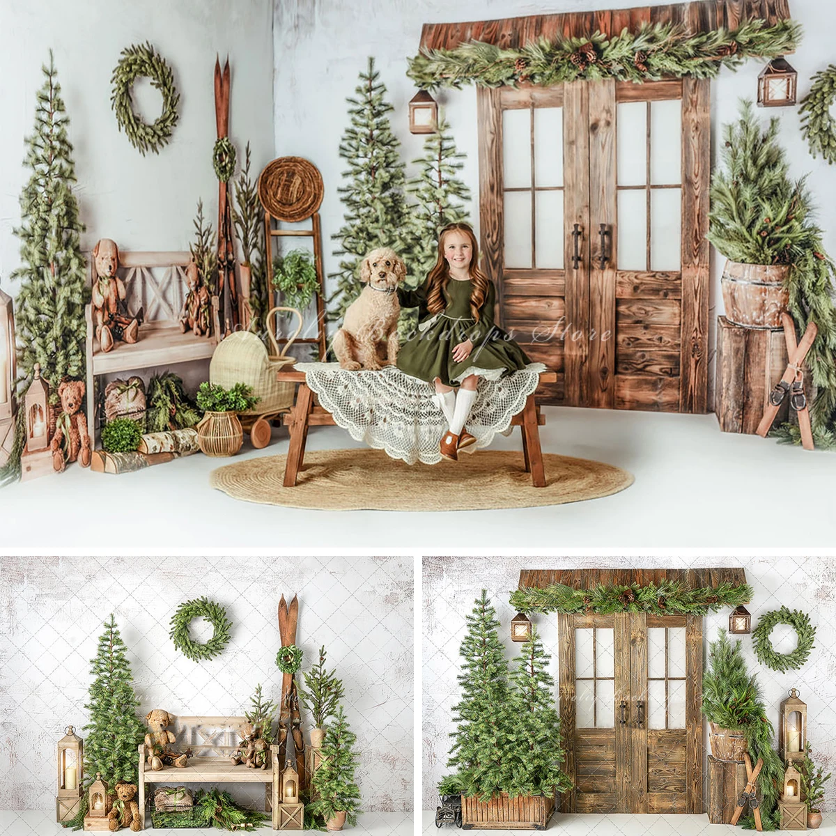 

Christmas Room Backgrounds Kids Adult Photography Props Child Baby Pine Branches Wreaths Xmas Tree Decors Photo Backdrops