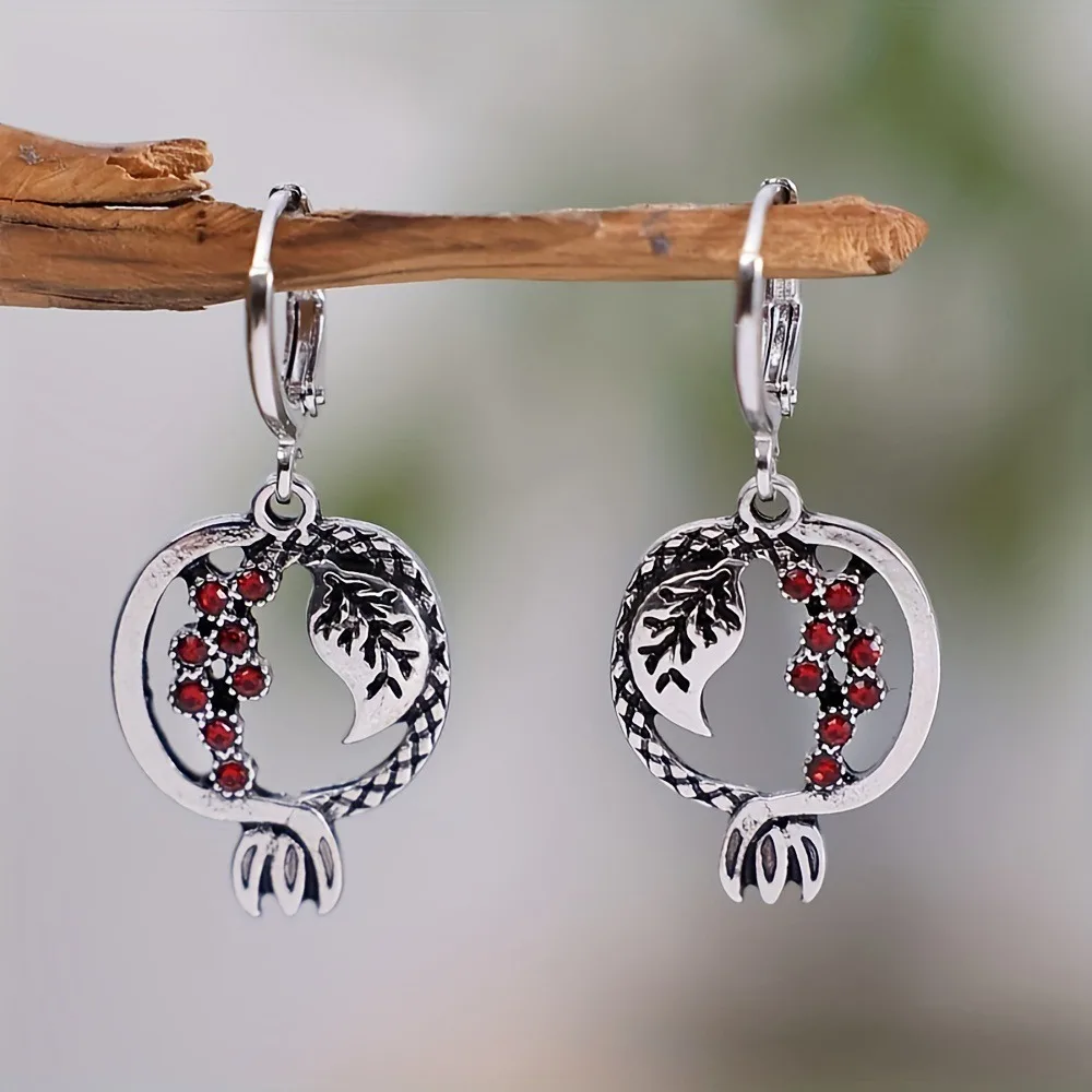 Retro Creative Inlaid Red Rhinestones Hollowed-out Pomegranate-shaped Pendant Hoop Earrings for Women Ethnic Trendy Jewelry Gift