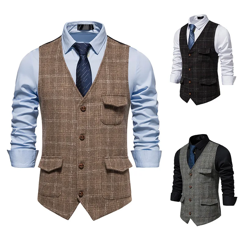 L94338 Men's Retro Suit Vest British Style Tweed Single-Breasted V-Neck Plaid Vest