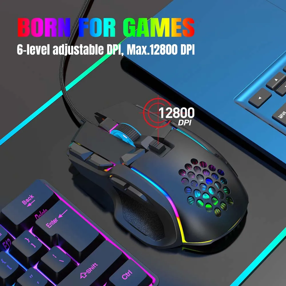 Hollow 12800DPI Mechanical Gaming Mouse Macro Programming RGB Lighting 10 Key Relax Wrist Shortcut Button USB Wired Gamer Mice