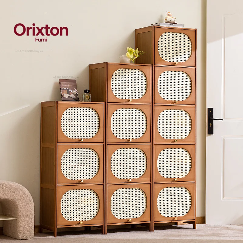 Mid ancient style bamboo woven shoe cabinet, large capacity simple narrow shoe cabinet, multi-layer vertical shoe cabinet