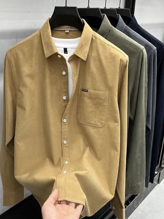 

New 2025 Men's Long Sve Corduroy irt Casual Pure Color Autumn Wear Trendy Men's Faion irt ket Design Stand Fit