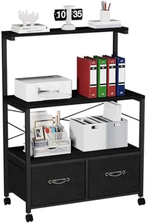 

Lateral File Cabinet with 2 Drawers & 3 Shelves, Printer Stand on Lockable Wheels, Letter Size Storage - Black