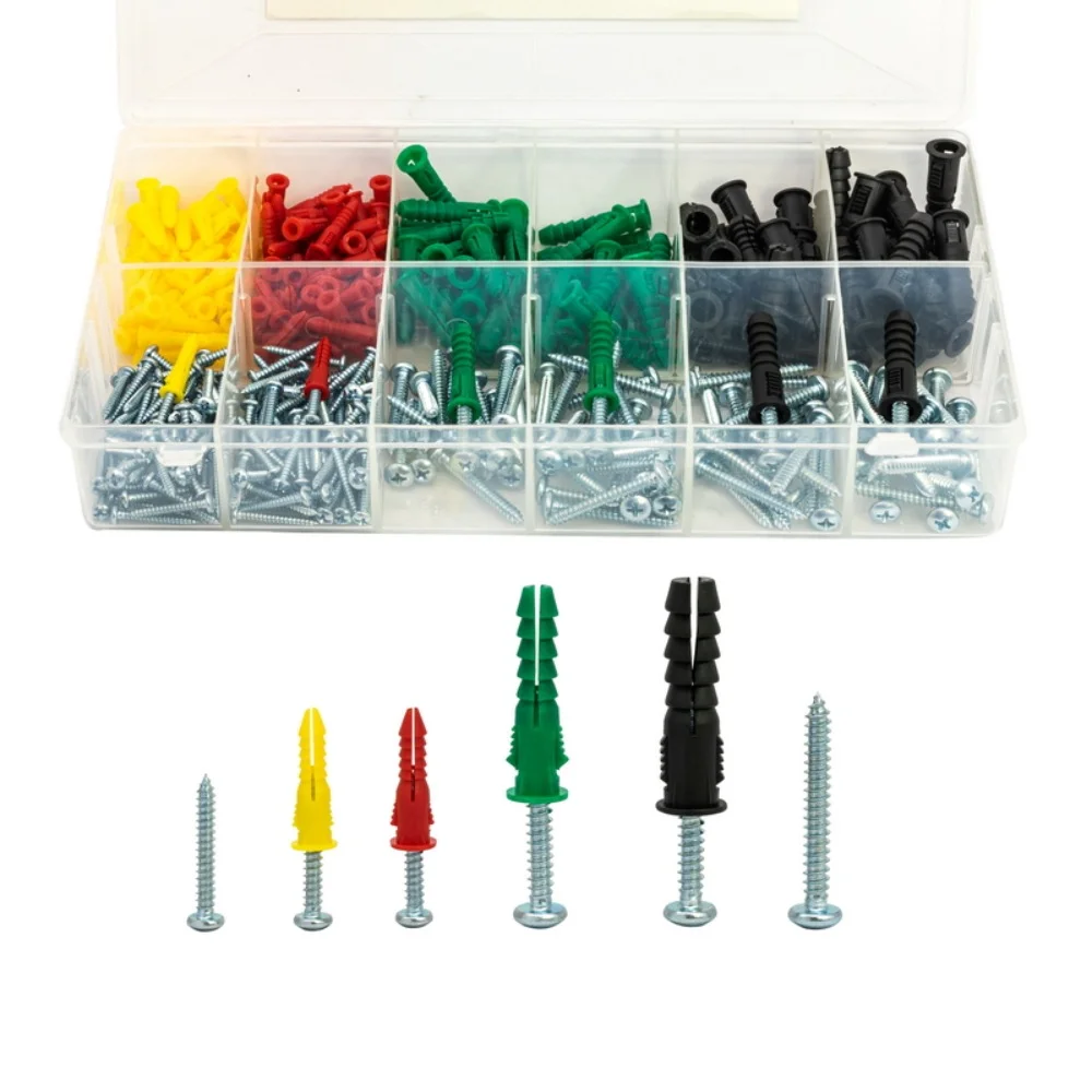 

Plastic Expansion Tube Pipe Wall Anchors Plugs Ribbed Color Metal With Phillips Head Self-Tapping Screw Kit Bolt 400PCS