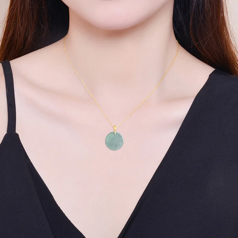 Natural A-grade Jade 18K Gold Button Head Blue Water Small Round Brand Pendant Ice Jadeite Jewelry Women's Gifts Simple Design