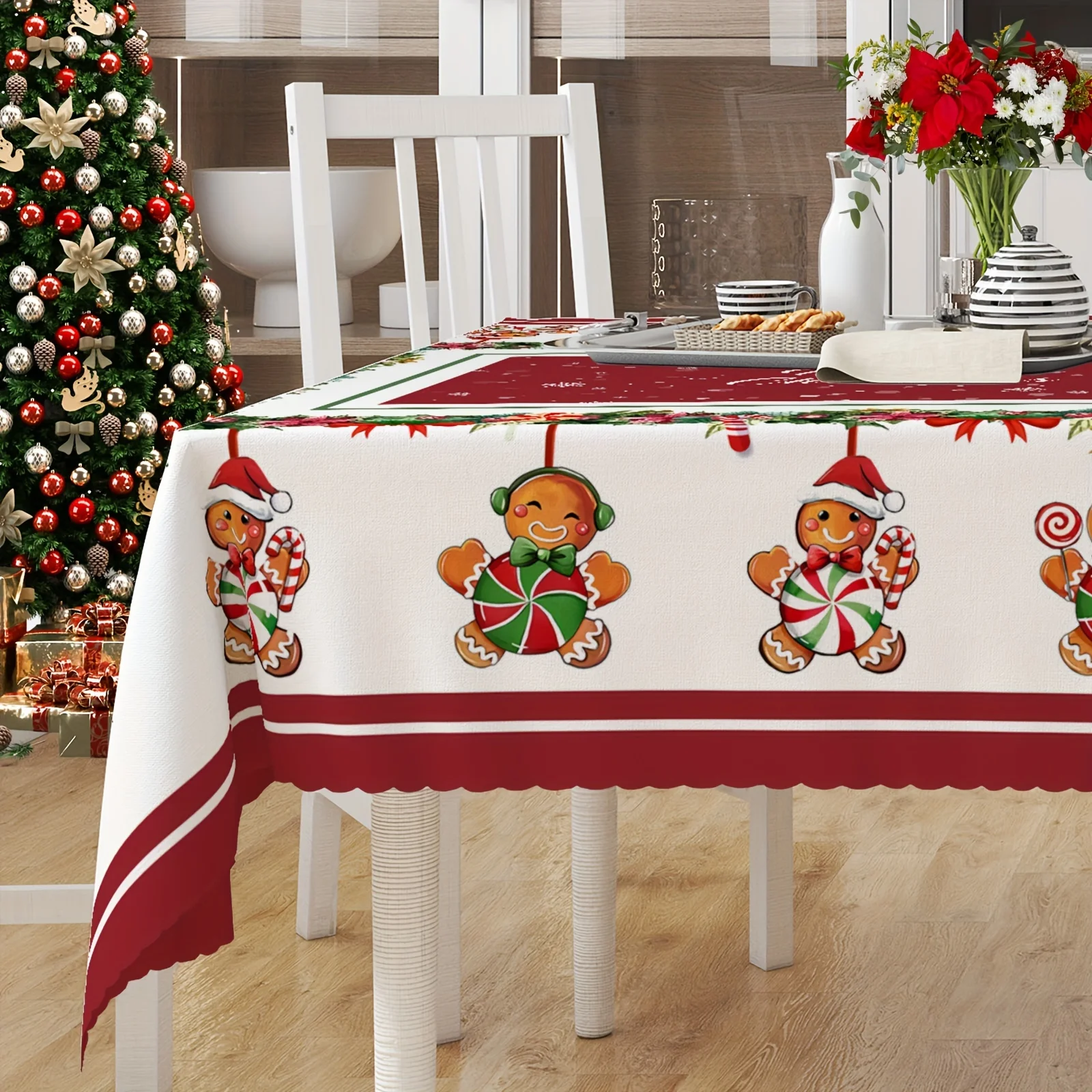 Christmas Flowers Print Candy Gingerbread Man Rectangle Tablecloth Home Dining Room Decor Waterproof Christmas Decorations