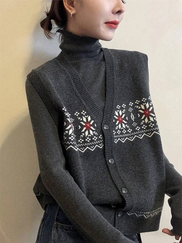 Retro Fair Isle Knitted Vest Button up Patchwork Top Layering New Style 2026 Open Cardigan Shoulder Top Women's Jacket
