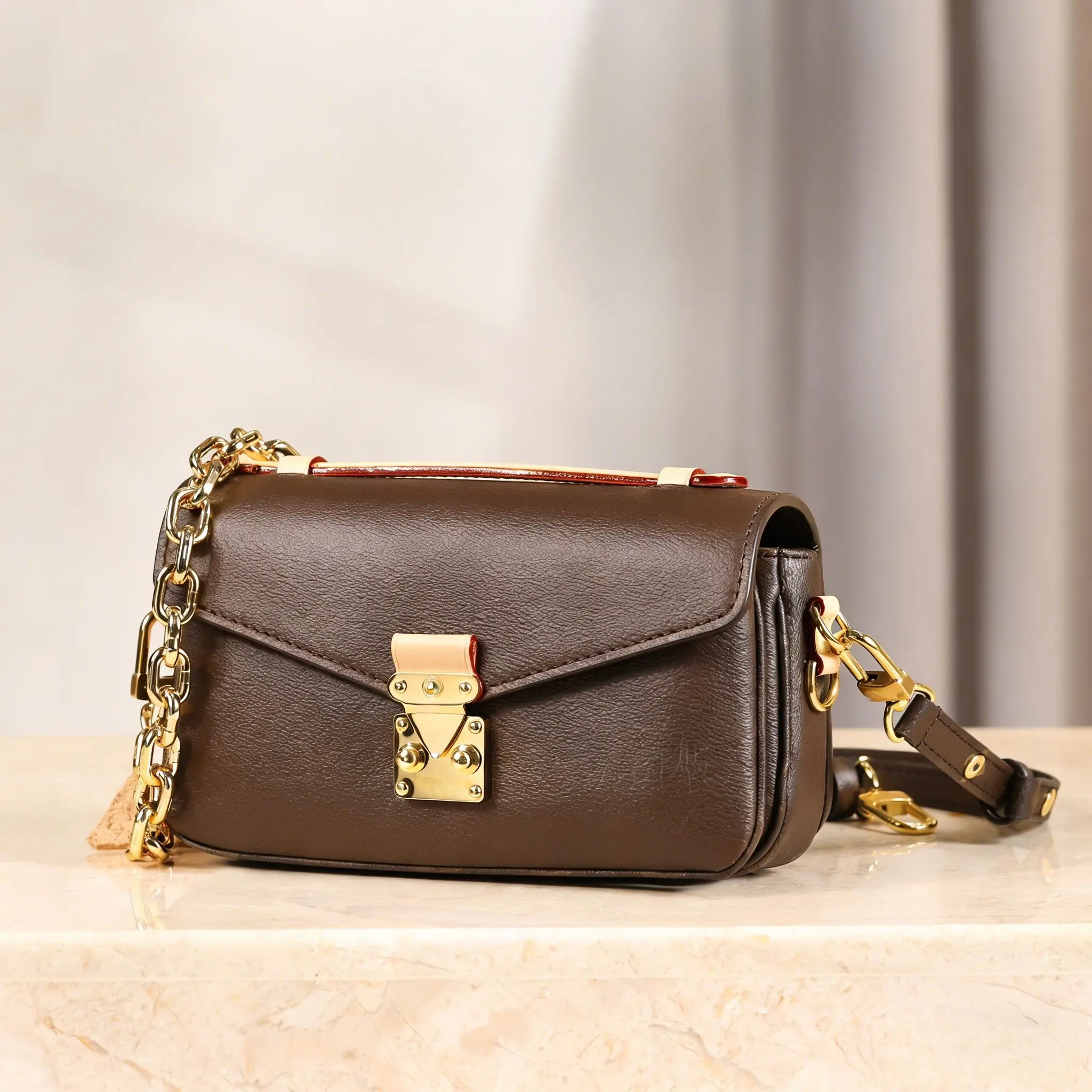 

Women's Brown Lock Flap Shoulder Bag, Structured Retro Crossbody with Gold Accents for Office and Formal Events