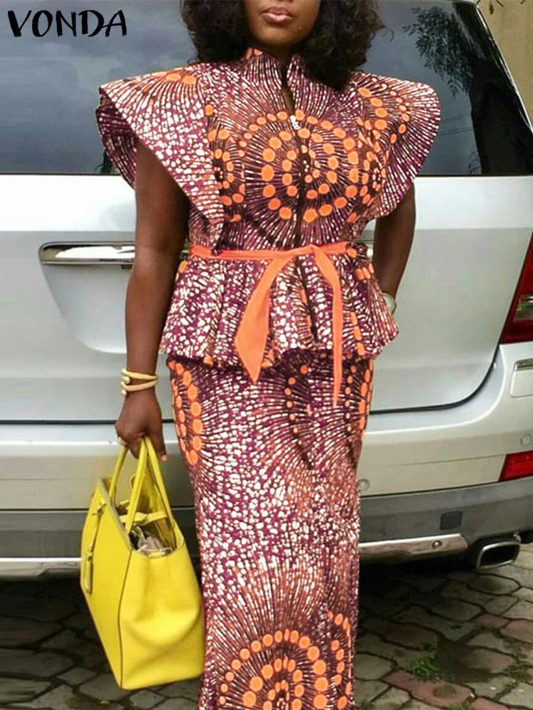 حجم كبير 5XL فوندا البوهيمي طباعة أطقم فساتين المرأة الصيف سستة قصيرة الأكمام خمر مربوط قمصان التنانير الطويلة 2 قطعة وتتسابق #2