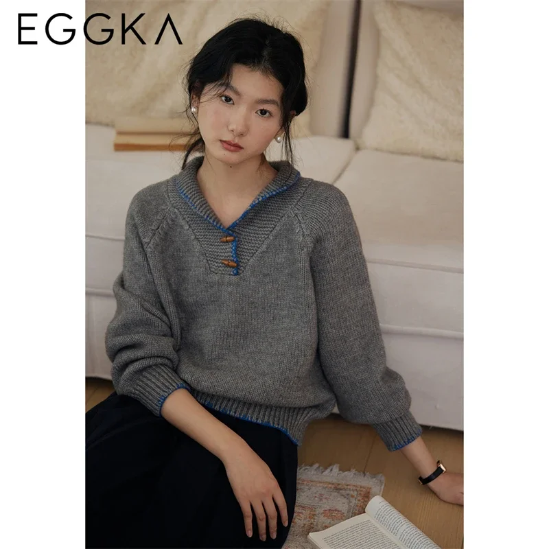 EGGKA Winter Thick Lapel Collar Sweaters Women Casual Loose Pullover Sweater Female Soft Knitted Tops Korean Fashion Streetwear