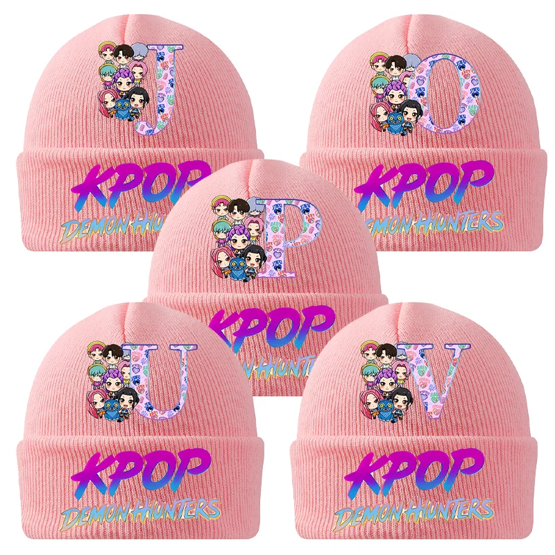 

KPop Demon Hunters Winter Warm Knitted Cap Baby Casuals Wool Bonnet A-Z Letters Pink Cartoon Beanie Travel Outdoor Windproof Hat