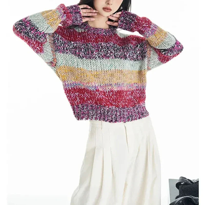 Striped Multi Color Sweater Knitted Crew Neck Jumper Drop Shoulder Rainbow Knitwear Autumn/Winter Woman Clothing