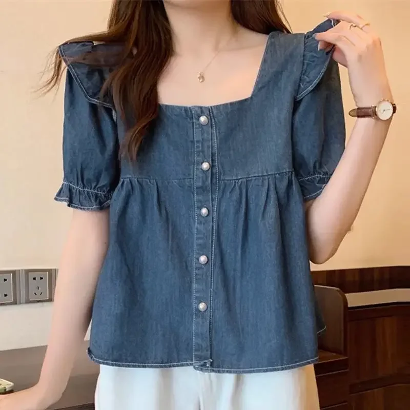 

Korean Women Denim Shirt Sweety Ruffle Short Sleeve Blouse Vintage Square Collar Cropped Tops 2024 Summer Pleated Blusas