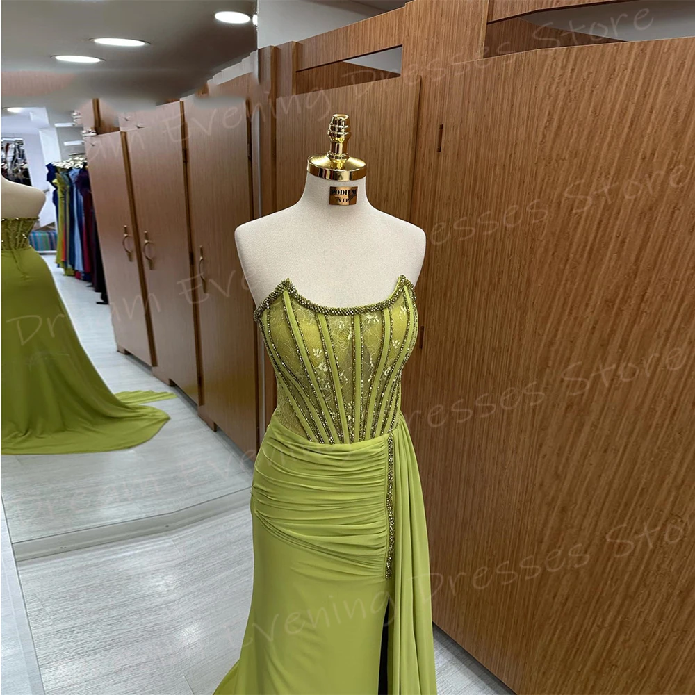 Klassieke Groene Zeemeermin Elegante Dames Avondjurken Charmante Strapless Mouwloze Prom Jurken Kralen Geplooid فاتين سعيد شارون