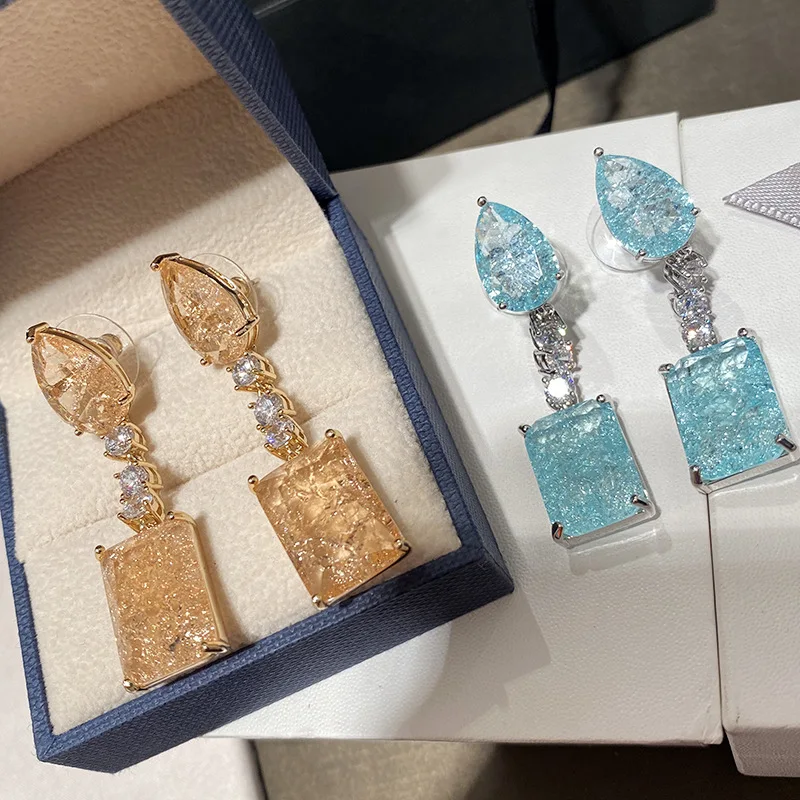 Ice Crack Broken Diamond Water Drop Earring high-quality blue and yellow Crystal Square earrings for women silver 925 Jewelry