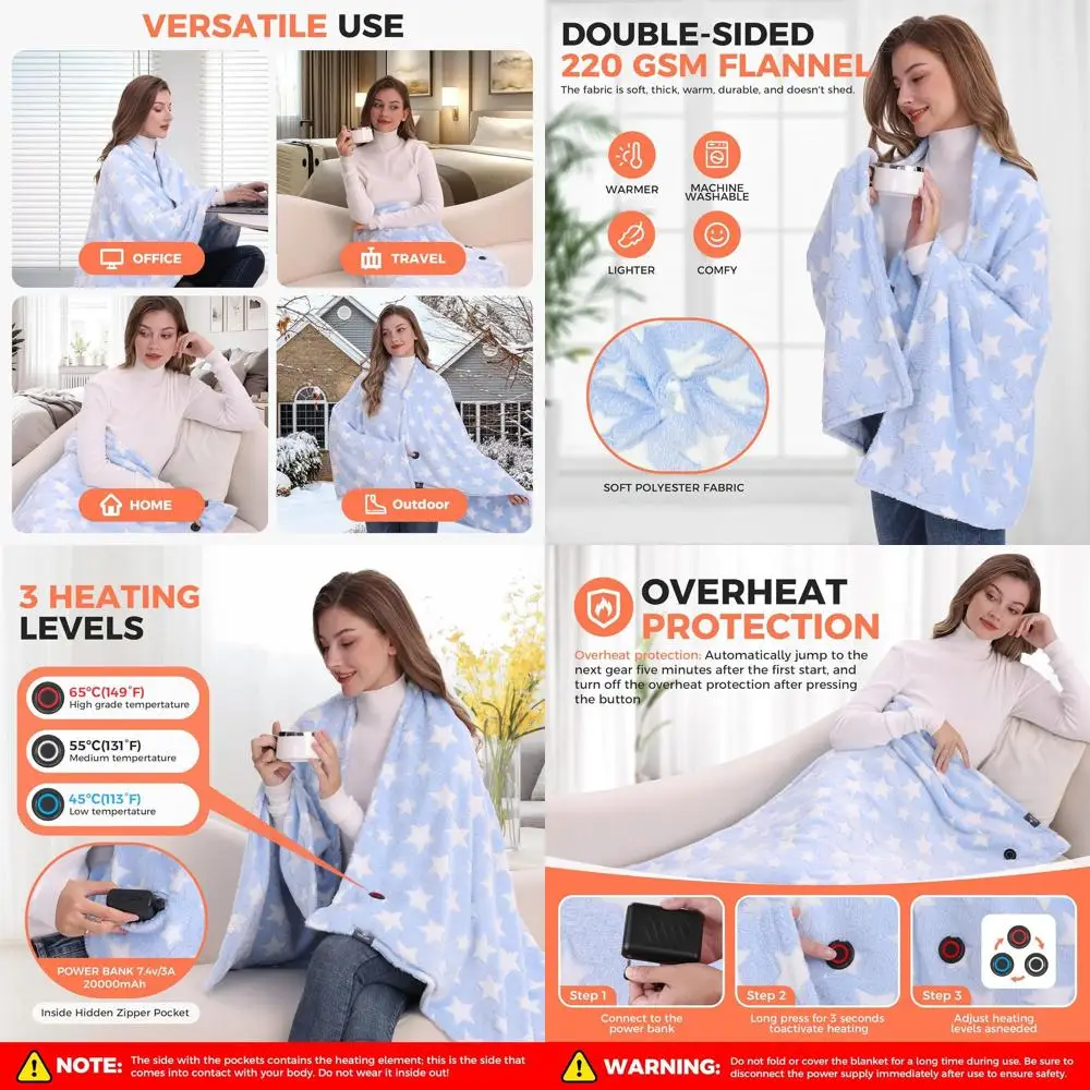 

Portable Cordless Heated Blanket with 20000mAh Battery, 3 Heating Levels, 59 x 35.5, Blue