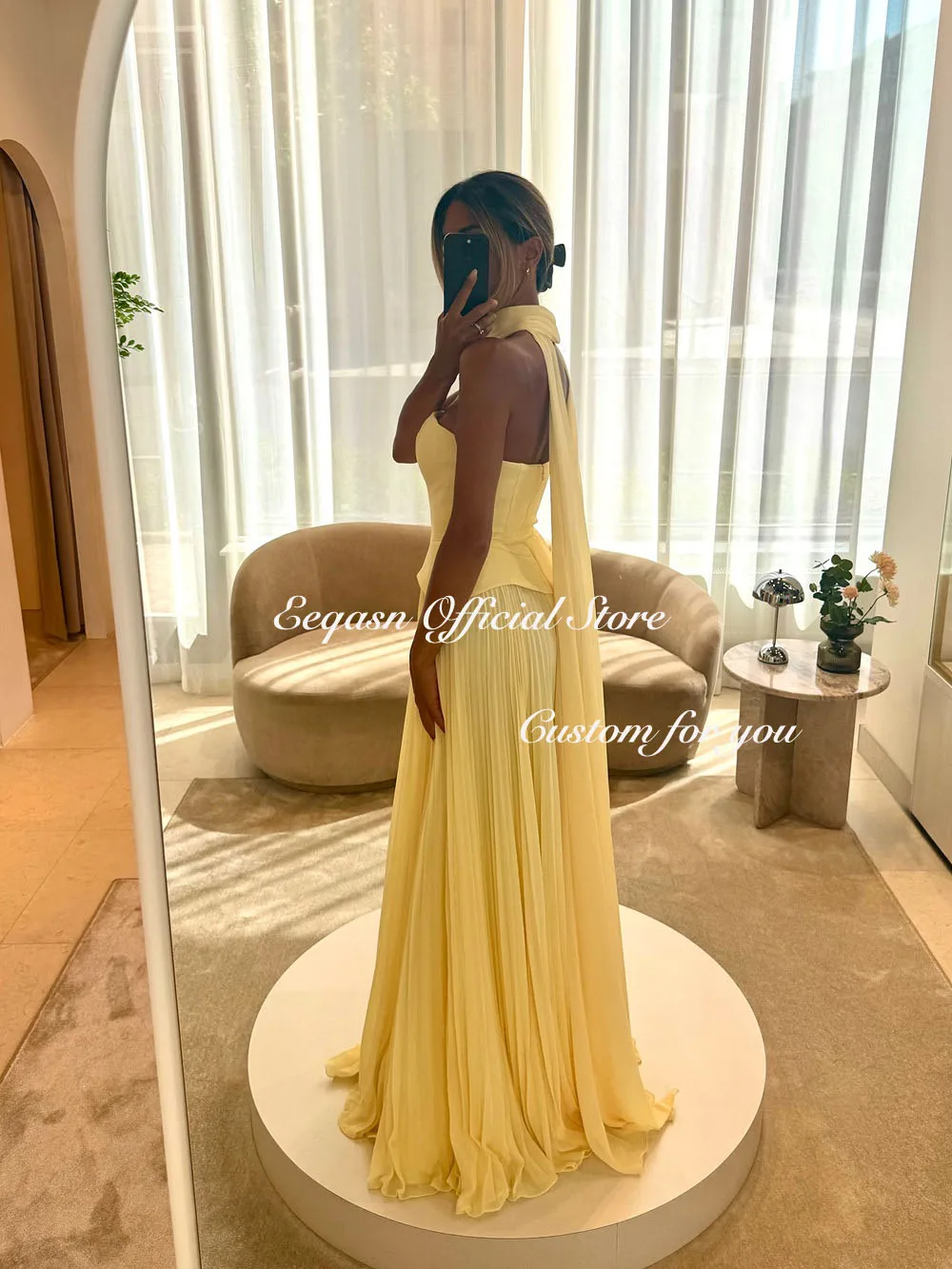 Eeqasn Yellow Chiffon Evening Dresses Woman Elegant A Line Dress for Special Occasion Shawl Customized Formal Wedding Customized